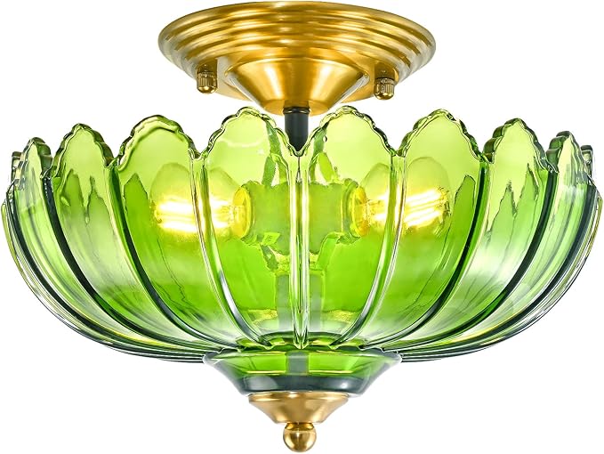 Green Glass Ceiling Light Fixture - Handcrafted Art Glass Semi Flush Mount Chandelier, 3 E26 Bases with Natural Green Shade Lighting, Modern Farmhouse Decor for Kitchen Dining Hallway