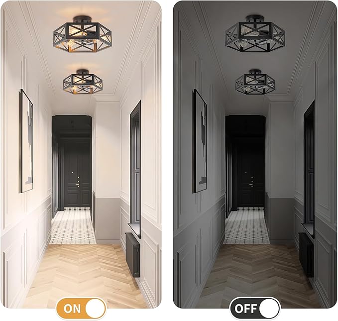 Rustic Foyer Lighting Fixtures, Industrial Semi Black Hexagon Black Farmhouse Kitchen Lighting Fixtures Ceiling for Bedroom Hallway Bathroom 14.5 in
