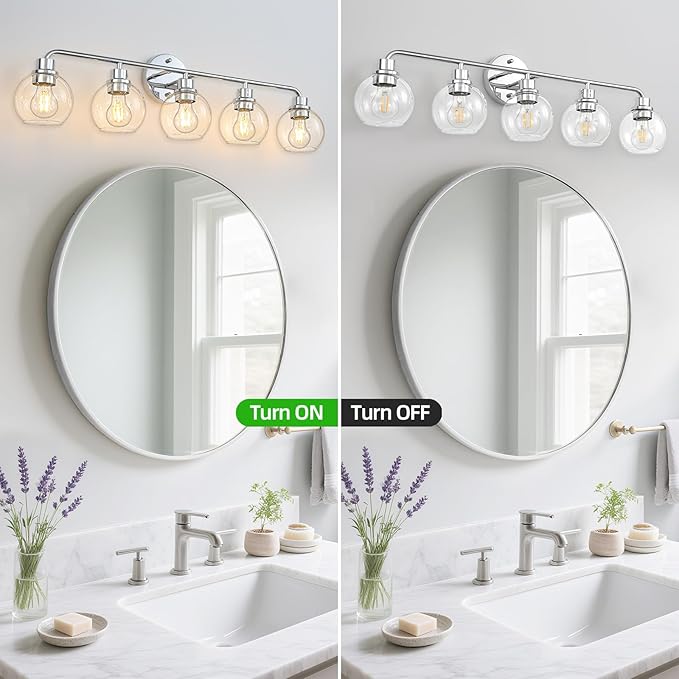 Bathroom Light Fixtures Chrome Vanity Light Silver 5 Light Modern Wall Sconces Lighting Bathroom Lights with Globe Glass Shades Bath Wall Lights for Mirror Kitchen Living Room Hallway 34.5"