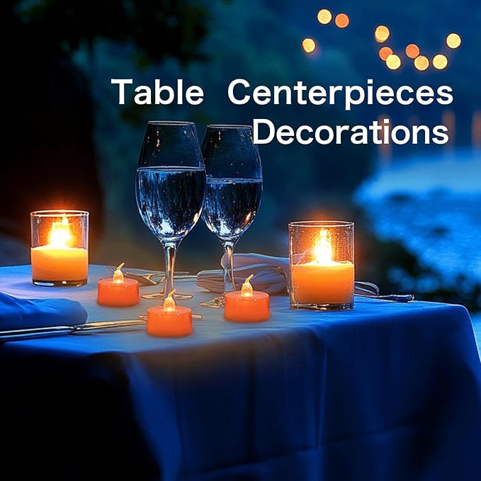 LANKER 24 Pack Orange Tea Lights Candles, Flickering Warm Yellow Flameless LED Tealights, Long Lasting Battery Operated Fake Candles, Decoration for Wedding, Halloween and Christmas (Orange)