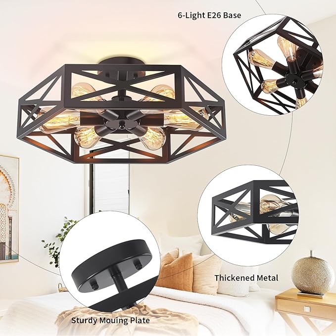 Semi Flush Mount Ceiling Light, Black Large 6-Light Fixtures Ceiling Mount with Hexagon Cage, Metal Industrial Close to Ceiling Light for Hallway, Kitchen, Bedroom (Black, 19.68''L)