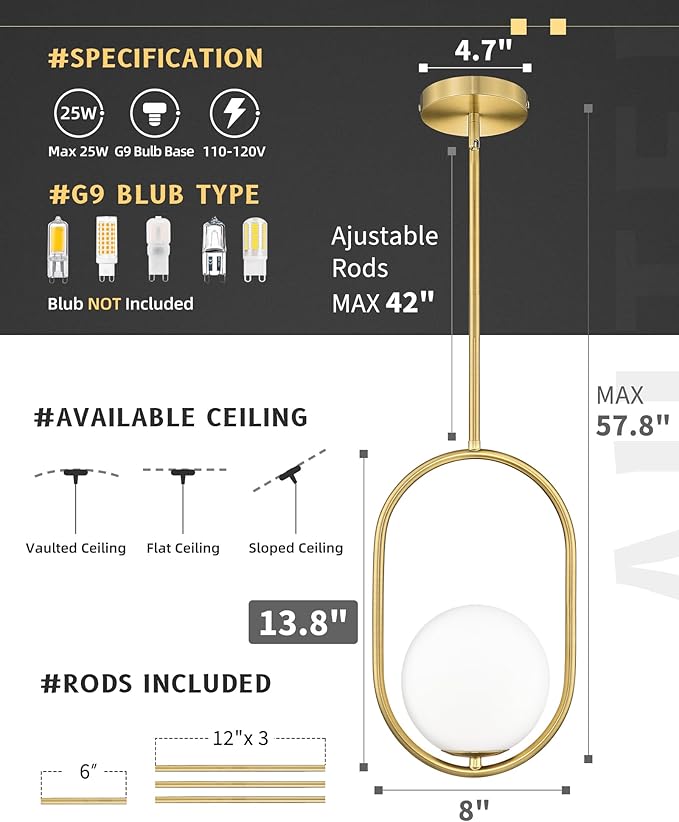AUTELO Gold Pendant Lights, 1-Light Pendant Lights Kitchen Island in Brushed Gold Finish with Milky White Globe Glass, Mid Century Pendant Light Fixtures, Gold Hanging Lights for Kitchen H9376 MGBG