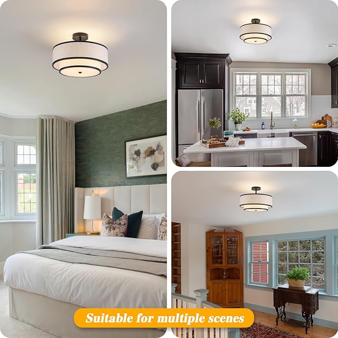 Semi Flush Mount Ceiling Light, 3-Light Double Drum Ceiling Light Fixture with Fabric Shade, Farmhouse Chandelier Dining Room Light Fixture for Bedroom, Kitchen, Hallway (Black)