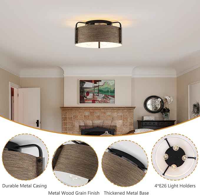 Flush Mount Ceiling Light, 4-Light Farmhouse Ceiling Light Fixture Metal Wood Grain Finish Close to Ceiling Lights for Living Room Kitchen Island Dining Room, E26 Base(Not Included Blub)