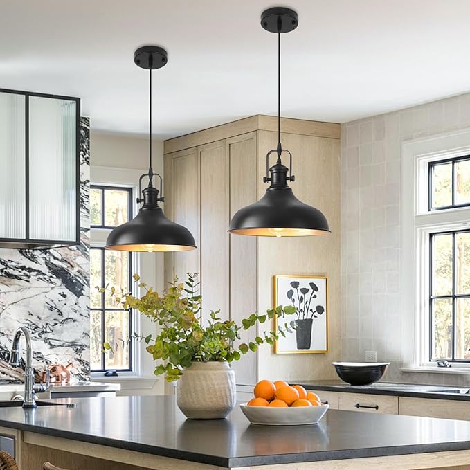Farmhouse Pendant Lights, 11.4" Black Pendant Lighting for Kitchen Island, 2 Pack Kitchen Island Lighting, Industrial Vintage Hanging Light Fixtures for Barn, Dining Room