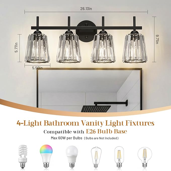Crystal Bathroom Light Fixtures Over Mirror, Black 4-Light Bathroom Vanity Lights Over Mirror Modern Wall Lighting Sconces with Ceramic E26 Base (Bulbs Not Include)