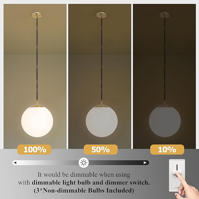 KoKo&Yukina 14" Gold Globe Pendant Light Mid Century Pendant Light Milk Glass Pendant Lights Kitchen Island Adjustable Hanging Light Fixture for Dining Room Bedroom Kitchen Islan
