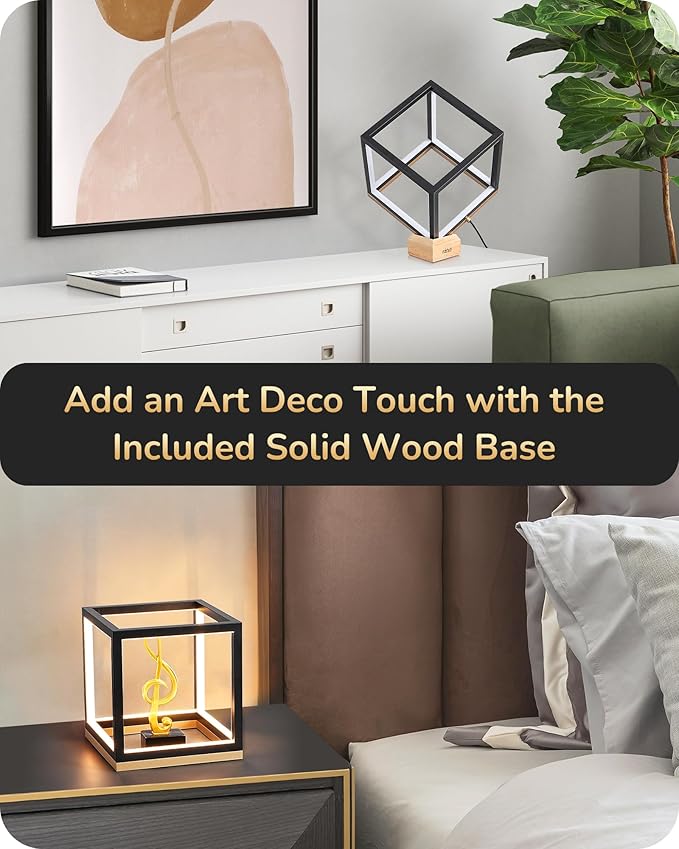 EDISHINE Modern LED Table Lamp, Minimalist Bedside Lamp with Solid Wood Base, 3 Way Dimmable, 3000K/4500K/6000K, 470LM, Black Gold Square Geometric Nightstand Lamp for Living Room, Bedroom, Office