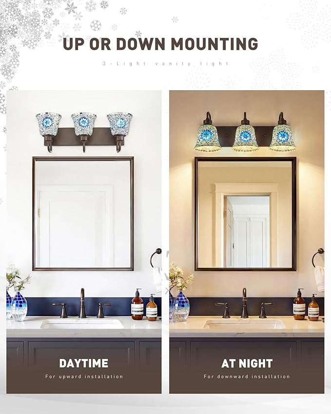 zeyu Bathroom Light Fixtures, 3-Light Bathroom Vanity Light, 22 Inch Modern Wall Sconces with Blue Mosaic Glass, Oil Rubbed Bronze Finish, ZSL72B-3W ORB-BL