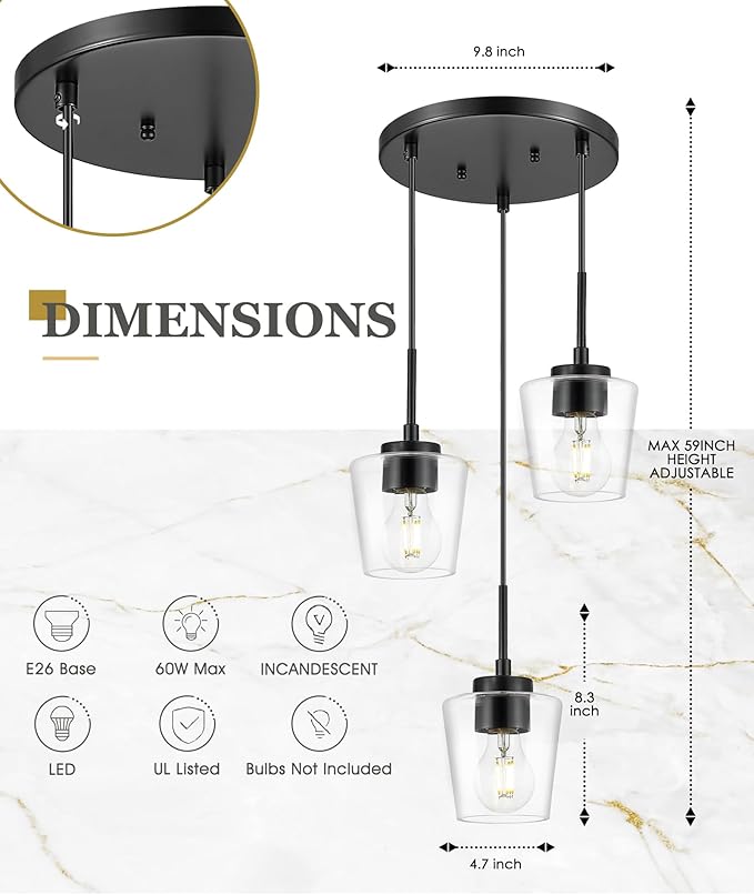 3-Light Pendant Light Fixtures, Matte Black Cluster Dining Room Light Fixture Over Table, Adjustable Kitchen Island Lighting with Clear Glass, Farmhouse Hanging Light, AD-22004-3P-BK-C