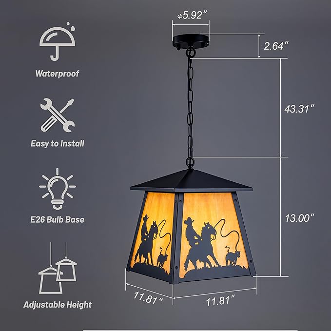 TOCHIC Black Farmhouse Chandelier, 12" Vintage Outdoor Pendant Light Fixture for Porch Gazebo Patio, Rustic Waterproof Western Cowboy Chandeliers for Entryway, Hallway, Foyer, Kitchen, Dining Room