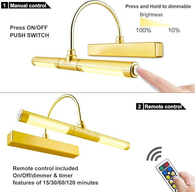 LUXSWAY Wireless Picture Light with Remote Control,Battery Operated Painting Light with Dimmable & Timer,180° Adjustable Head for Wall Art,Canvas Paintings,Portrait Displays-Gold