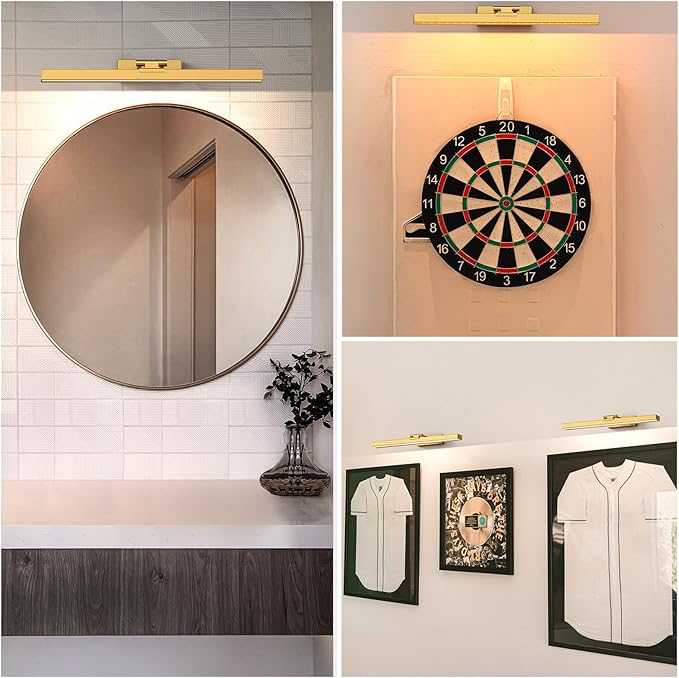 PESUTEN Picture Light Battery Operated, 16in Wireless Art Light for Paintings CCT Dimmable Recharging Battery Picture Light with Remote Control for Gallery Dartboard Art Bedroom Bathroom 2pcs Gold