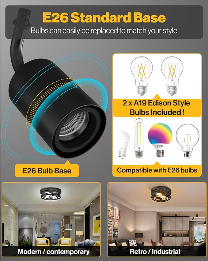 Sunco Flush Mount Ceiling Light, Farmhouse Light Fixtures, Hallway Ceiling Light Arcadia Industrial, 11" Diameter, 800 LM, Dimmable A19 Edison LED Bulbs Included, E26 Base, 8.5W=60W UL/ETL/T20 2 Pack.