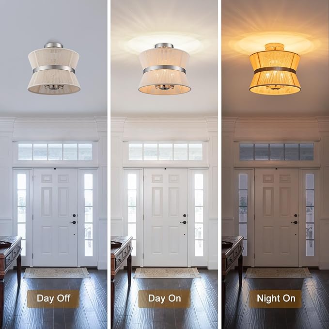 Brushed Nickel Semi Flush Mount Ceiling Light Fixture 12.6” Modern Drum Bedroom Ceiling Lighting 3-Light Beige Close to Ceiling Lamp for Kitchen Living Dining Room Hallway Bathroom Entryway Foyer