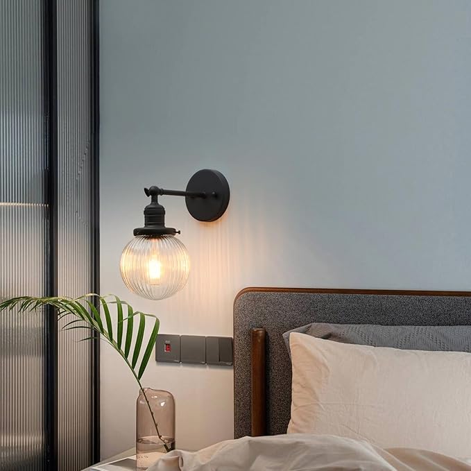 Phansthy 1-Light Wall Sconce, Brass Boho Bathroom Vanity Light, Modern Wall Light with Globe Glass Shade E26 Base, Adjustable Wall Lighting Fixtures for Bedroom, Living Room (Black, Striped Shade)