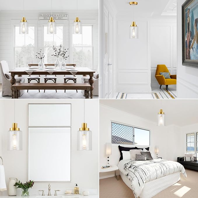 Industrial Pendant Lighting, Modern Clear Glass Shade Pendant Lights, Adjustable Hanging Light Fixtures, Farmhouse Pendant Lighting for Kitchen Island Living Room Bedroom Hallway 3-Pack (Gold)