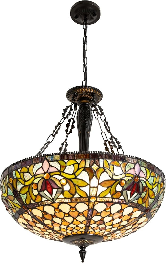 Pendant Light fixtures 20 Inches Wide 5 Light Hanging Lamp Victorian Style Stained Glass Chandeliers for Dining Living Room Kitchen Island Entryway