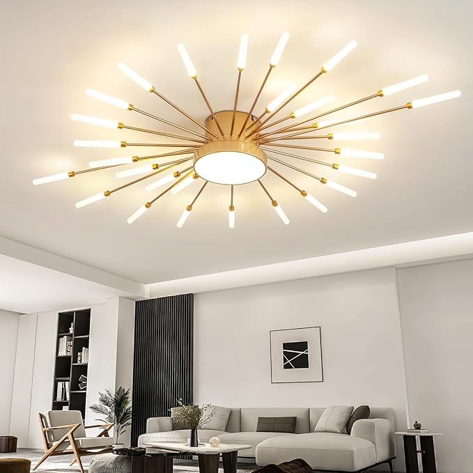 ziidoo Modern Ceiling Light, 28+1 Lights Metal Firework Designed Chic Led Lighting Fixture for Farmhouse Kitchen Dining Room Bedroom Hallway Living Room (Gold and Dark Gold)