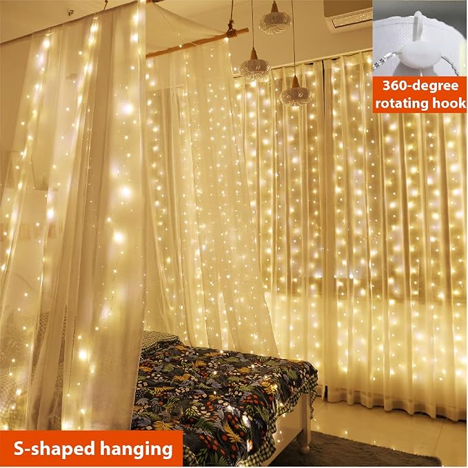 ZSJWL 2 Pack Curtain Lights, 300 LED Curtain Fairy Light with Remote, 8 Modes 9.8 × 9.8 Ft Twinkle String Lights, USB Plug in Copper Wire Lights for Bedroom Window Chrismas Wedding Party, Warm White