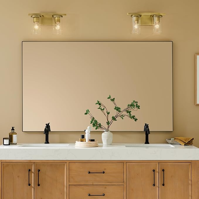 Kichler Crosby 15.25" 2-Light Bathroom Vanity Light Fixture with Clear Glass in Natural Brass for Powder Room, Modern Wall Mount Light (15.25" x 8.75"), 45496NBRCLR