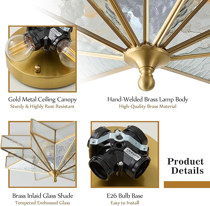 Star Brass Glass Ceiling Light - 19.5 In Gold Hammered Large Flush Mount Fixture - Art Deco Mid Century Vintage Modern Moravian Lighting Lights for Bedroom Dining Entryway Foyer Living Room