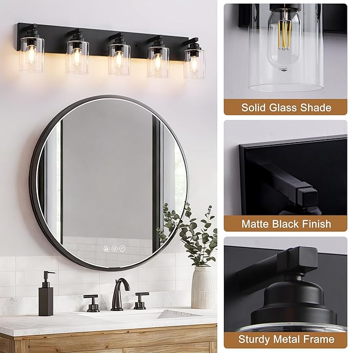 Black Bathroom Light Fixture, 5 Light Matte Black Vanity Light, 35.4" Modern Bathroom Lighting Fixtures Over Mirror, with Clear Glass Shade, Vanity Lights for Bathroom Bedroom Hallway
