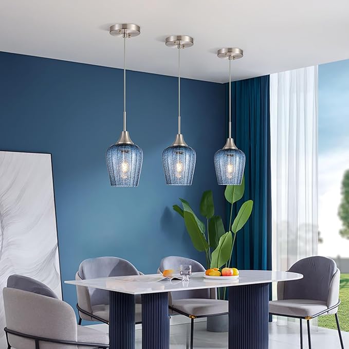 Viinew Mini Glass Pendant Light,5.4" Tulip Flower Shape Dark Blue Glass Hanging Light,1-Pack Handblown Clear Blue Seeded Shade Adjustable Cord Ceiling Light Fixture for Kitchen Island Sink