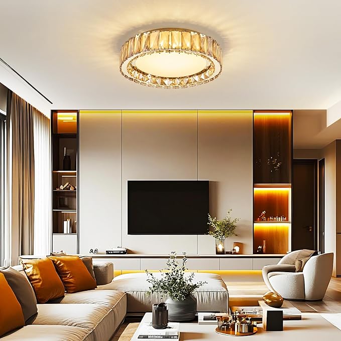 Amber Crystal Dimmable Flush Mount Ceiling Light, Gold Modern LED Close to Ceiling Light Fixture with 5CCT 2700K-6000K, Round Kitchen Lighting for Bedroom,Laundry Room, Hallway, Living room (15in 36W)