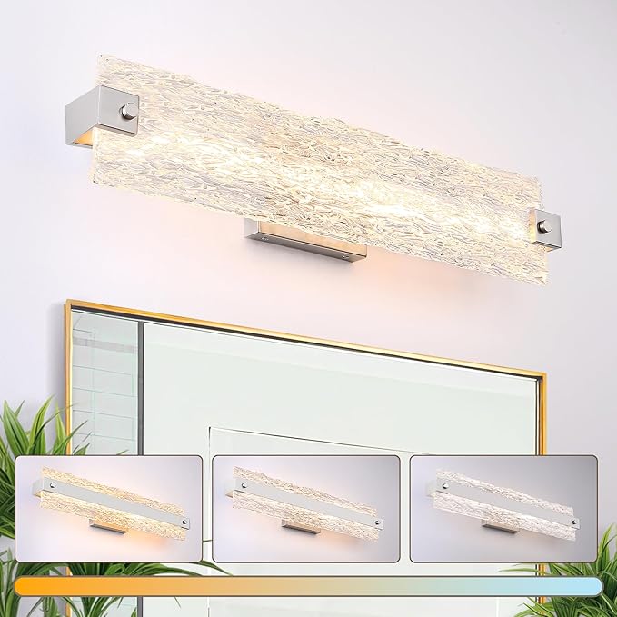 Brushed Nickel LED Bathroom Vanity Light, 24.4 Inch 15W Modern Dimmable Bathroom Light Fixture Over Mirror, Crystal Bar Wall Sconce Lighting for Bath, 3CCT, OS-MM5001-3BN