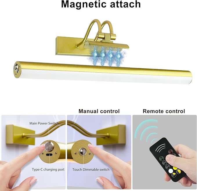 RAIFOOLLY Picture Light,Magnetic Wall Light,16inch Art Light,5000mAh Battery Accent Light with Remote Timer and Dimmable for Painting, Frame, Portrait, Artwork - Gold