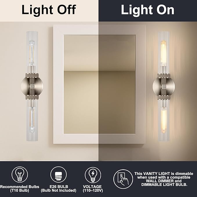 LaLuLa Brushed Nickel Vanity Lights – 2-Light Hardwired Bathroom Light Fixtures with Rippled Glass Shades and Textured Metal Body, Chrome Wall Sconces for Over Mirror or Hallway