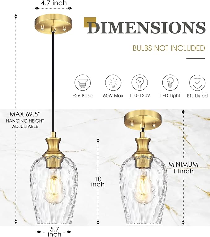 Gold Pendant Lights Kitchen Island, Modern Hanging Lights Fixtures with Hand-Blown Hammered Clear Glass, Farmhouse Brass Kitchen Island Lighting Over Sink, AD-24027-1P-GD