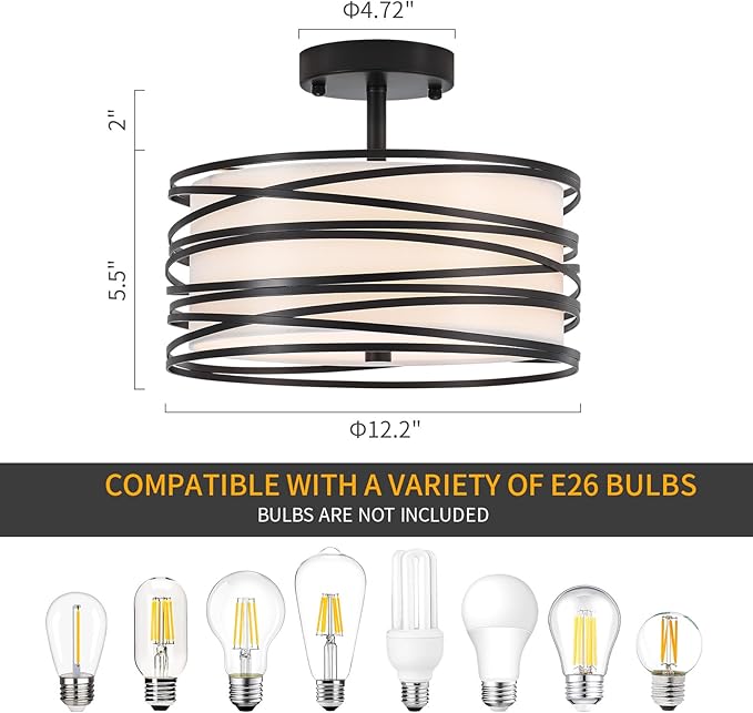 Drum Semi Flush Mount Ceiling Light Fixture, Black Matal & Linen Fabric Shade Ceiling Light, Modern Farmhouse Close to Ceiling Light for Bedroom, Hallway, Entryway, Dining Room, Laundry Room