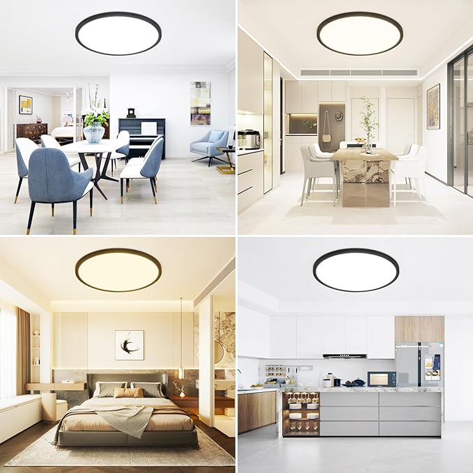 Modern 16'' Led Ceiling Light Fixture, Ultra Thin Flush Mount, Dimmable & 3000K/4500K/6000K Selectable, 28W 2800LM, Black, for Bedroom, Kitchen, Dining Room, Living Room, Home Office, Hallway