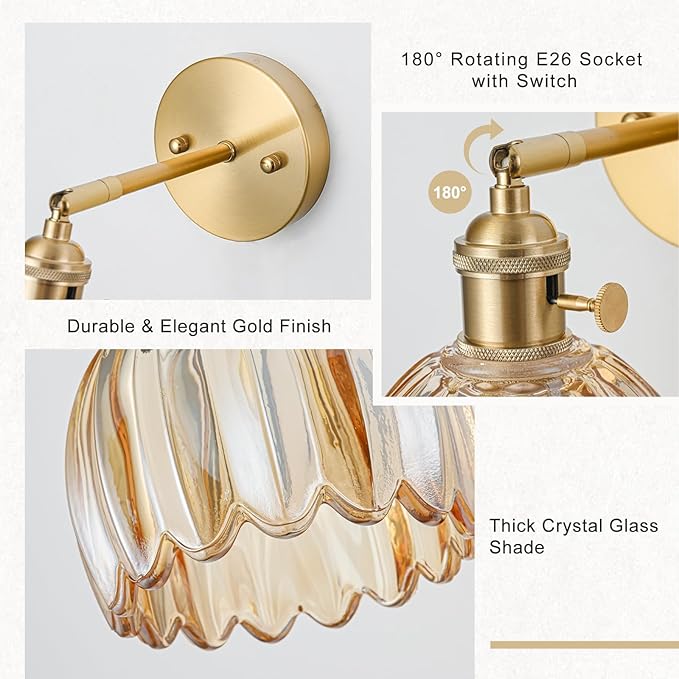 Wall Sconces Set of Two Hardwired, Vintage Sconce Light with Tulip Amber Glass Lampshade, Bathroom Wall Lights with Switch, Gold Wall Light Sconces Wall Decor Set of 2
