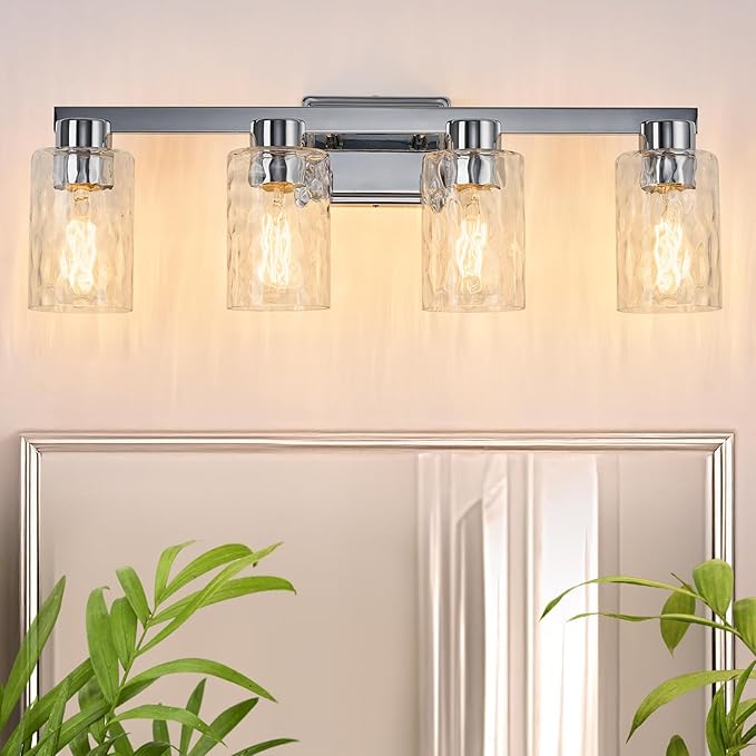 4-Light Bathroom Light Fixtures Modern Chrome Vanity Lights with Water Ripple Glass Wall Sconces Over Mirror for Bathroom, Powder Room, Living Room