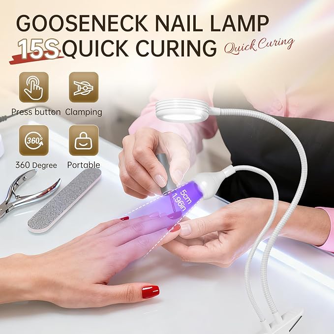 AORAEM LED Nail Lamp Double-Headed UV LED Light Quicky-Dry Duck Neck Lamp Dryer Curing Light with Portable Gooseneck and Clamp Flash Cure UV Light for Gel Nails Professional Home DIY Salon White