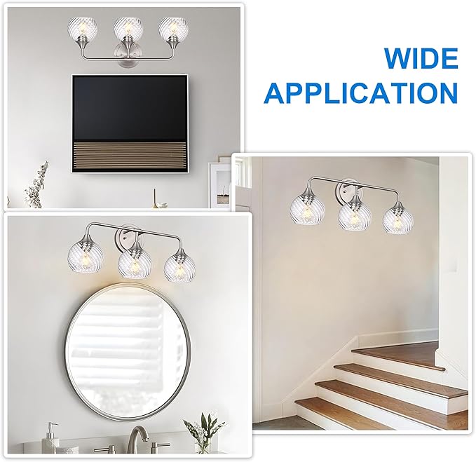 MELUCEE 3 Lights Modern Vanity Lights Over Mirror, Brushed Nickel Bathroom Lighting Fixtures with Clear Striped Swirl Glass Shade, Metal Wall Mount Lamp for Mirror, Bathroom Living Room Workshop