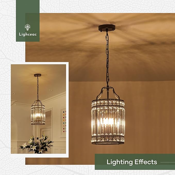 Modern Black Pendant Island Light Fixtures for Kitchen, Luxury Elegant Crystal Small 4-Light Chandeliers for Dining Room, Industrial Cage Hanging Ceiling Lighting for Bedroom Foyer Hallway