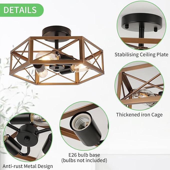 WILON Flush Mount Ceiling Light Fixture for Kitchen - 3 Light Industrial Close to Ceiling Lighting, Bronze Farmhouse Metal Cage Hexagon Lamp for Hallway Kitchen Dining Room Entryway Foyer