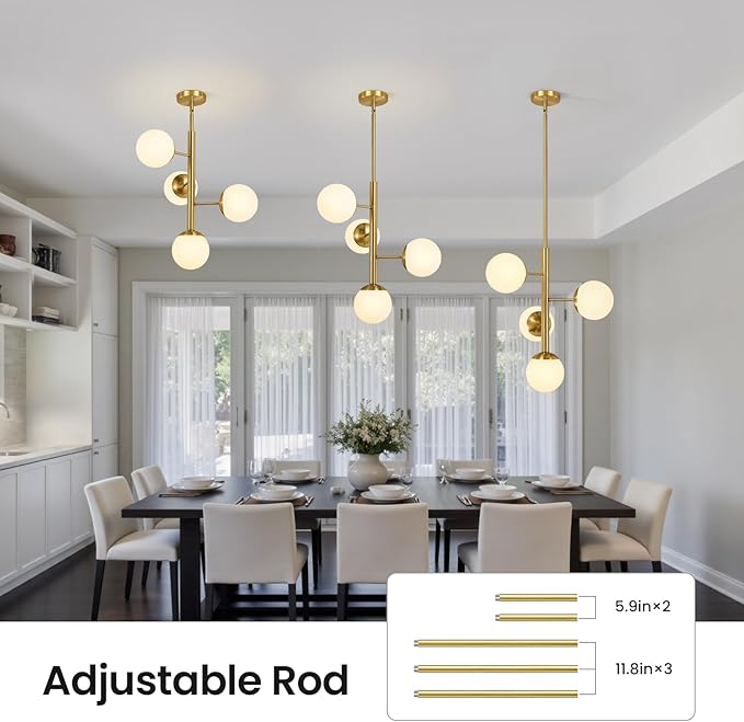 Modern Sputnik Chandelier Ceiling Light Fixture, 4-Light Semi Flush Mount Gold Chandelier with Globe Milky Frosted Glass Shade Adjustable Dining Room Sputnik Ceiling Light for Kitchen, Hallway
