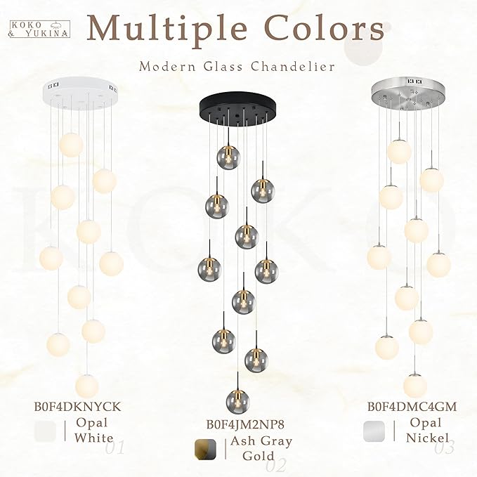 KoKo&Yukina 10 Light Globe Pendant Light Adjustable Hanging Light Staircase Chandelier Milk Glass Pendant Lights with Milky White Glass Shade Globe Lights for Staircase