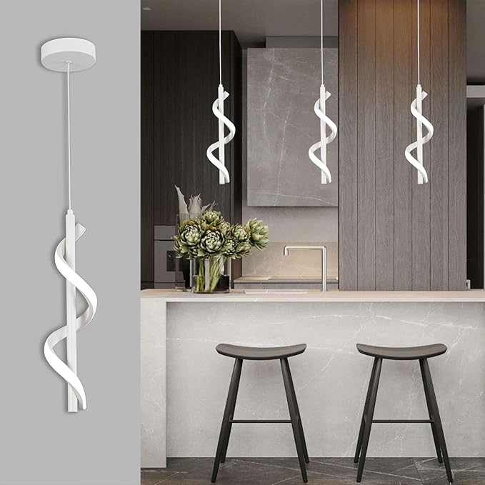 13W Modern Spiral Led Pendant Light Fixture, Cold White 5500K Minimalist Integrated LED Hanging Lamp, Adjustable Hanging Island Light Fixture For Bedroom Living room Kitchen Sink, 1 Pack (White)