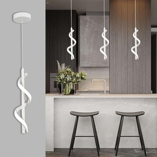 13W Modern Spiral Led Pendant Light Fixture, Cold White 5500K Minimalist Integrated LED Hanging Lamp, Adjustable Hanging Island Light Fixture For Bedroom Living room Kitchen Sink, 1 Pack (White)