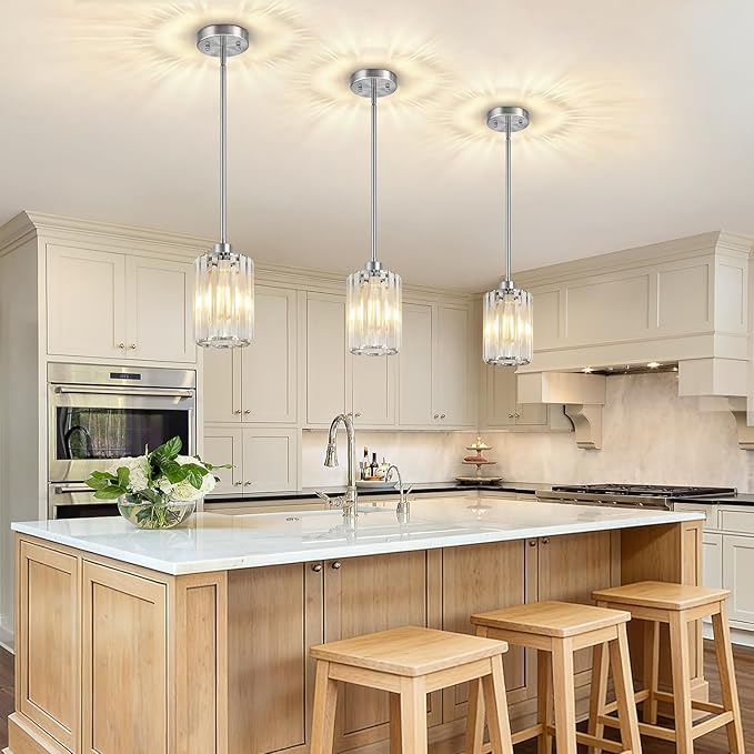 3 Pack Brushed Nickel Pendant Lights Kitchen Island, Modern Crystal Chandelier Kitchen Pendant Lighting Over Island, Adjustable Hanging Mini Light Fixtures for Dining Room Hallway Corridor Bedroom