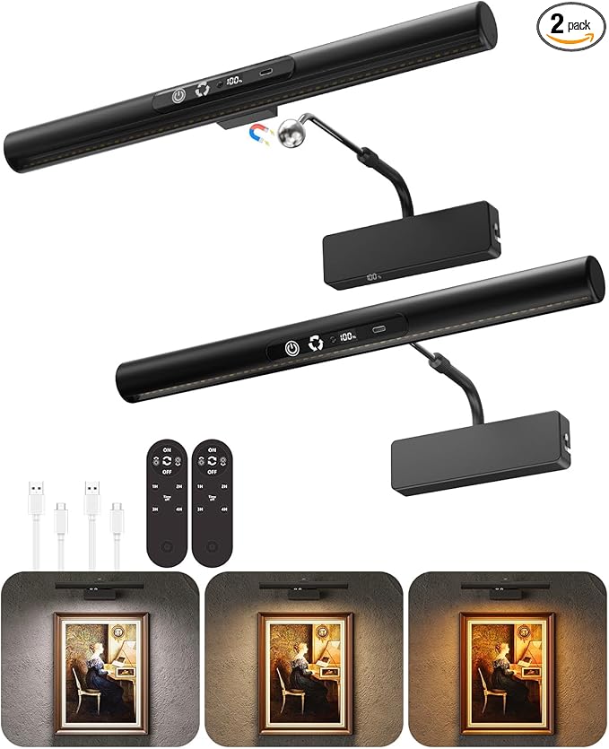 Skairipa Picture Light for Wall, 6000mAh Rechargeable Wireless Wall Lights, 13'' Dimmable Remote Magnetic LED Art Painting Light with 3 Color Temps, Display for Gallery, Living Room (Black, 2Pack)