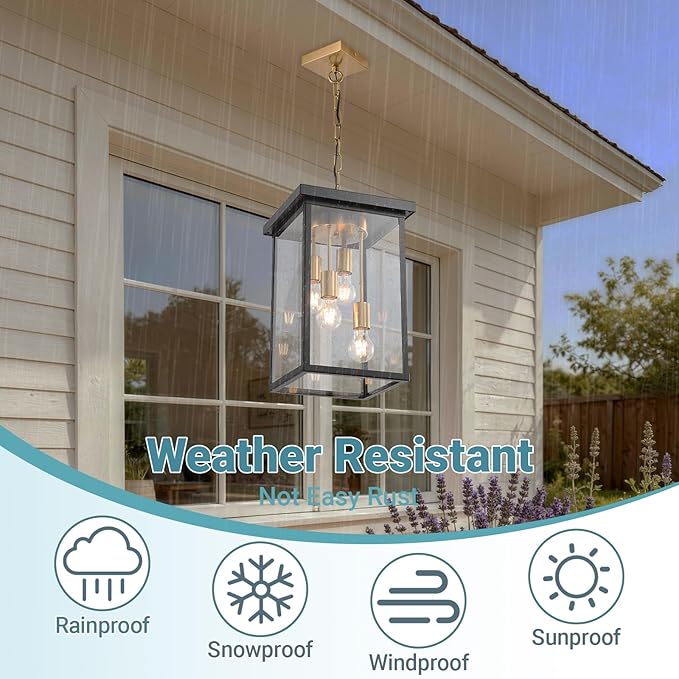 LOUSACE 16.7'' Outdoor Pendant Light for Porch, 4-Light Large Exterior Pendant Porch Lights with Clear Glass, Black & Brushed Brass Outdoor Chandelier Exterior Haninging Light Fixtures for Entrance