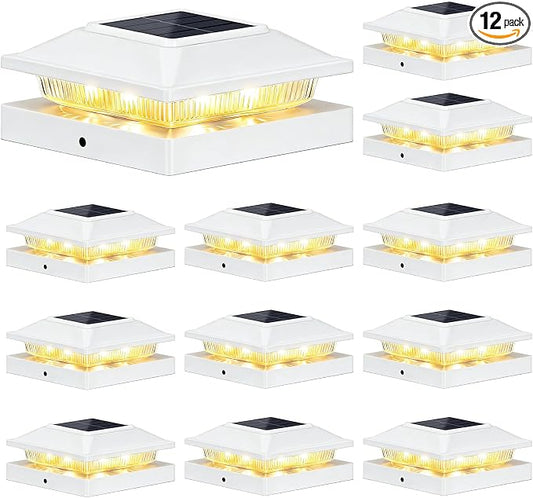 Brightever 4x4 3.5x3.5 Solar Post Cap Lights Outdoor 12-Pack, Solar Fence Post Lights Fit Vinyl/Wood Posts, 2 Modes(Warm/Cool White), Solar Powered Waterproof Deck Post Lights for Patio Porch, White