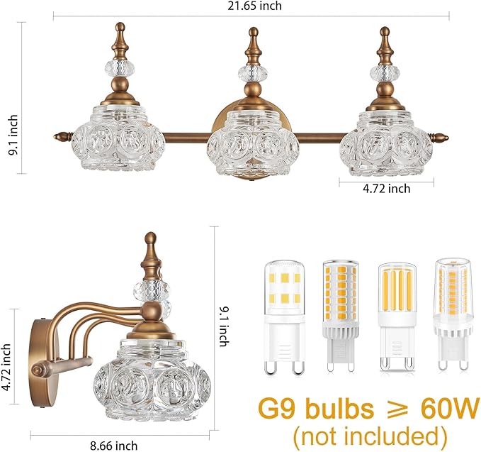 Vintage Vanity Light Fixture, 3 Lights Bathroom Lighting Matte Brushed Antique Brass Finish with Crystal Glass Shade, Vintage Vanity Light for Bathroom Bedroom Living Room